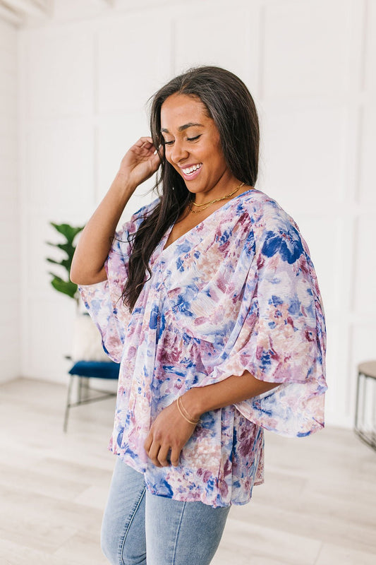 Fabled in Floral Draped Peplum Top in Blue - Driftwood Boutique