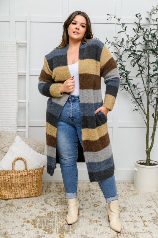 Fuzzy Longline Cardigan In Blue & Cocoa - Driftwood Boutique