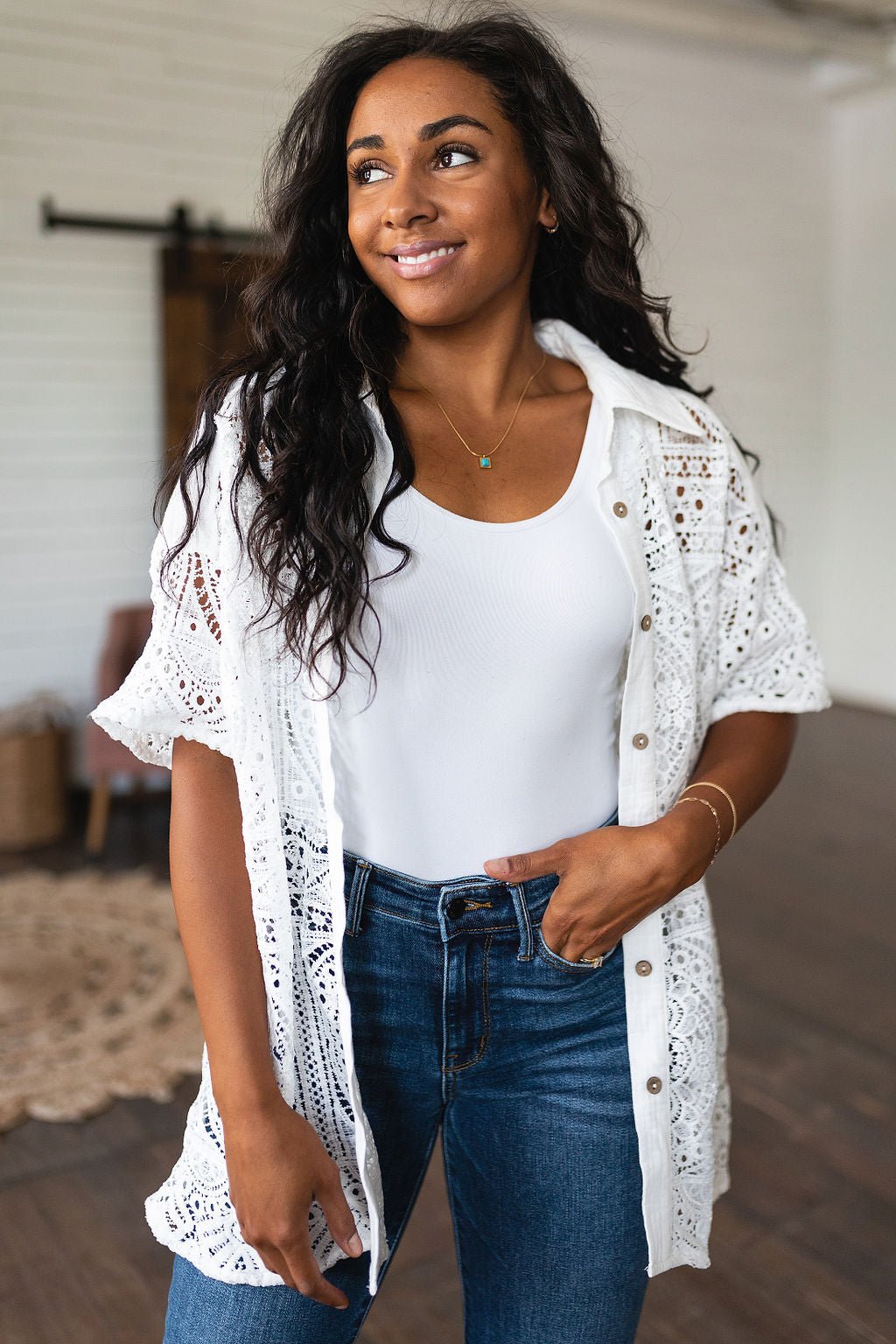 Head in the Clouds Lace Button Down - Driftwood Boutique