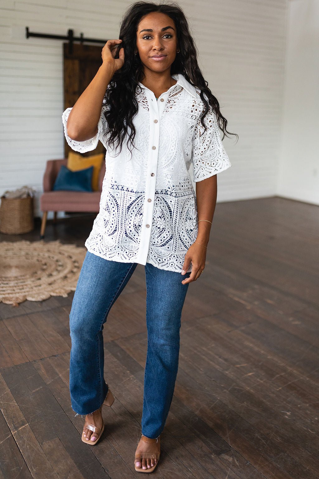 Head in the Clouds Lace Button Down - Driftwood Boutique