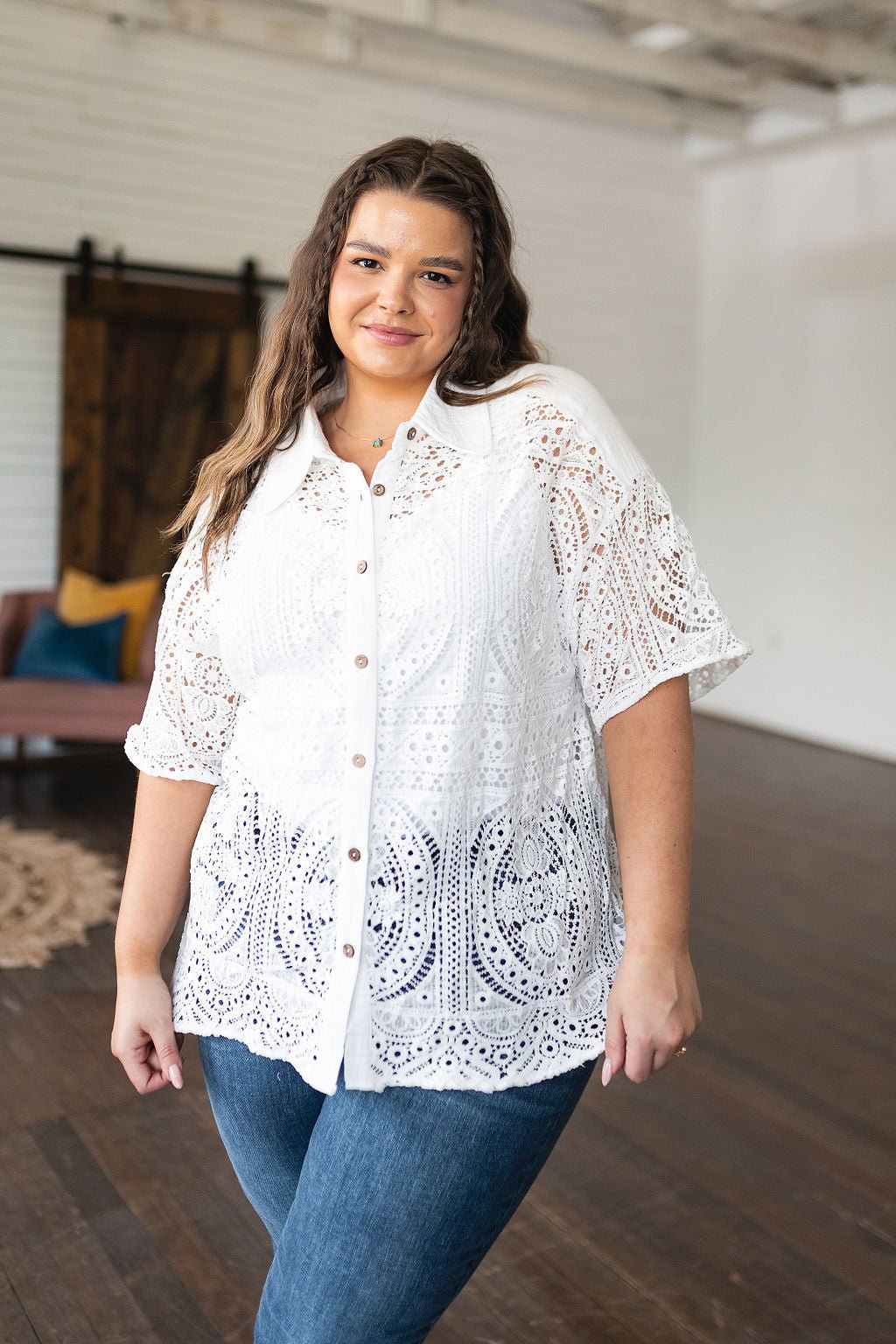 Head in the Clouds Lace Button Down - Driftwood Boutique