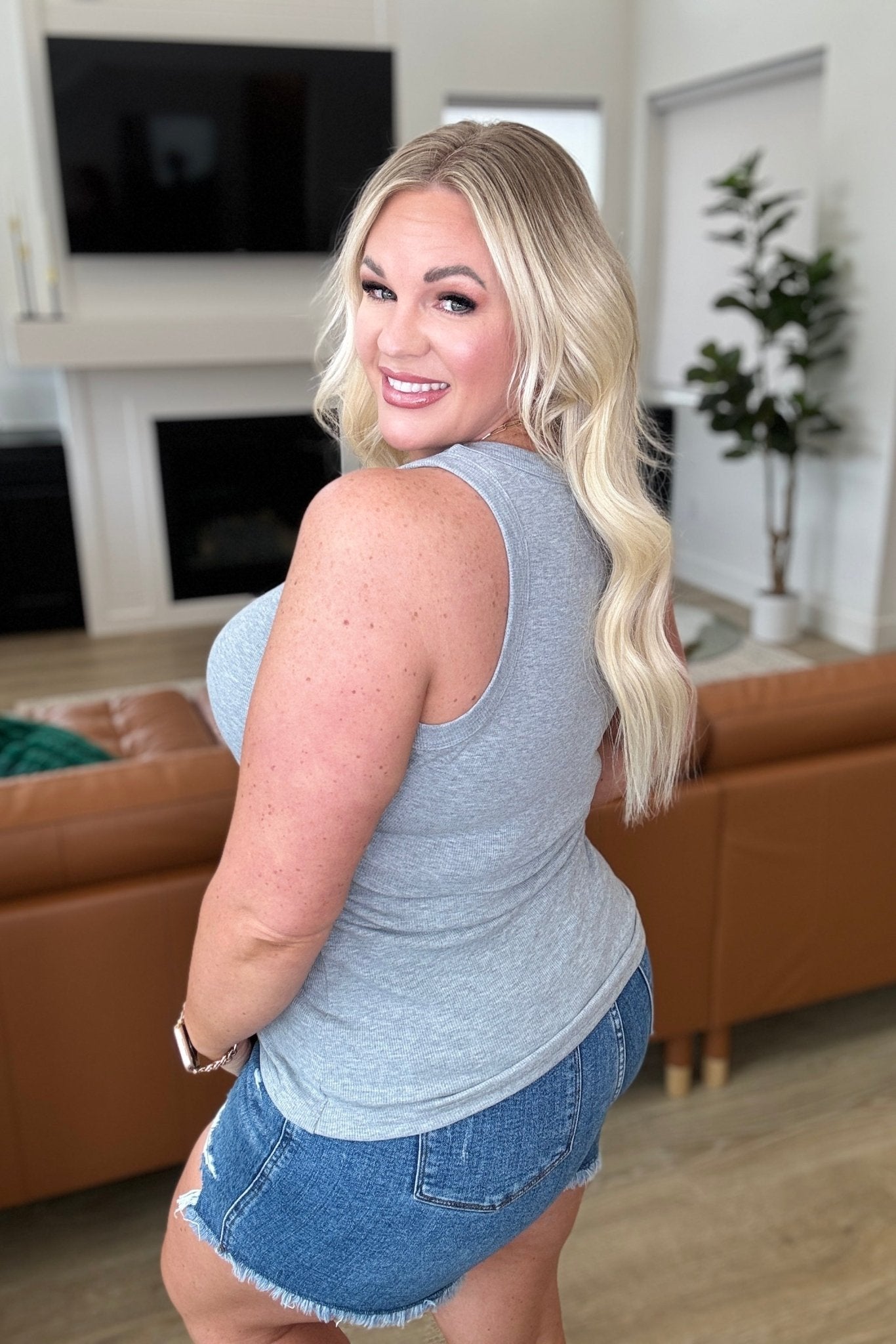 High On Life High Neck Ribbed Tank in Grey - Driftwood Boutique