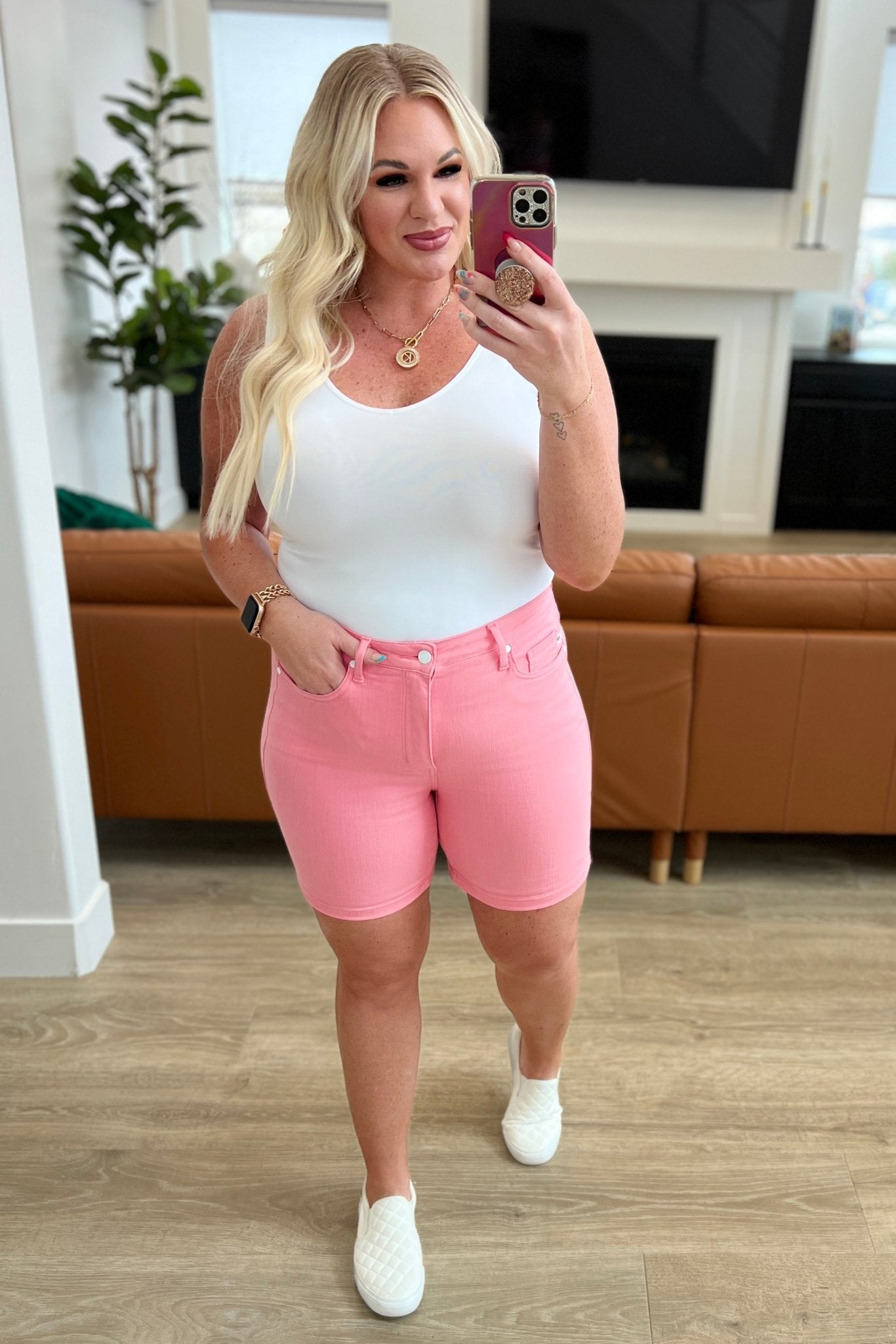 Jenna High Rise Control Top Cuffed Shorts in Pink - Driftwood Boutique