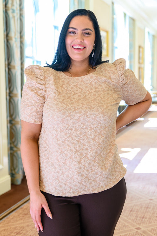 Kelsi Jacquard Puff Sleeve Top In Tan - Driftwood Boutique