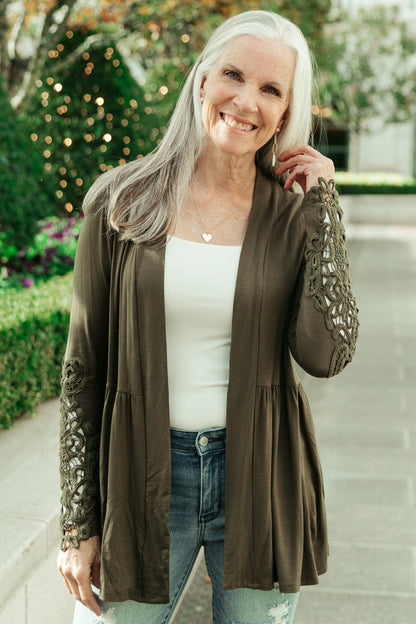 Little Bit Of Lace Cardigan In Olive - Driftwood Boutique