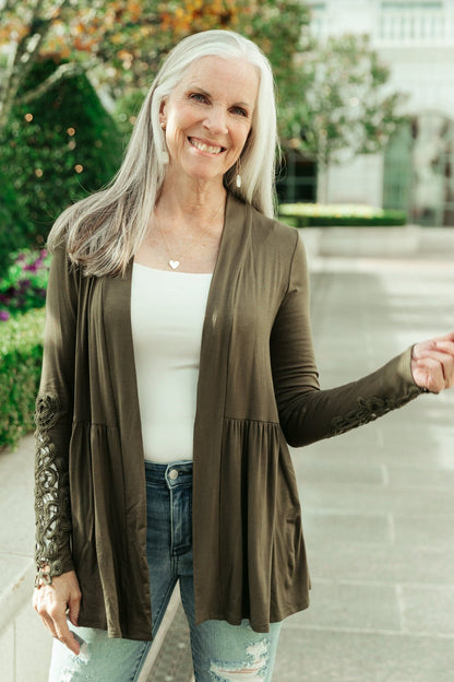 Little Bit Of Lace Cardigan In Olive - Driftwood Boutique