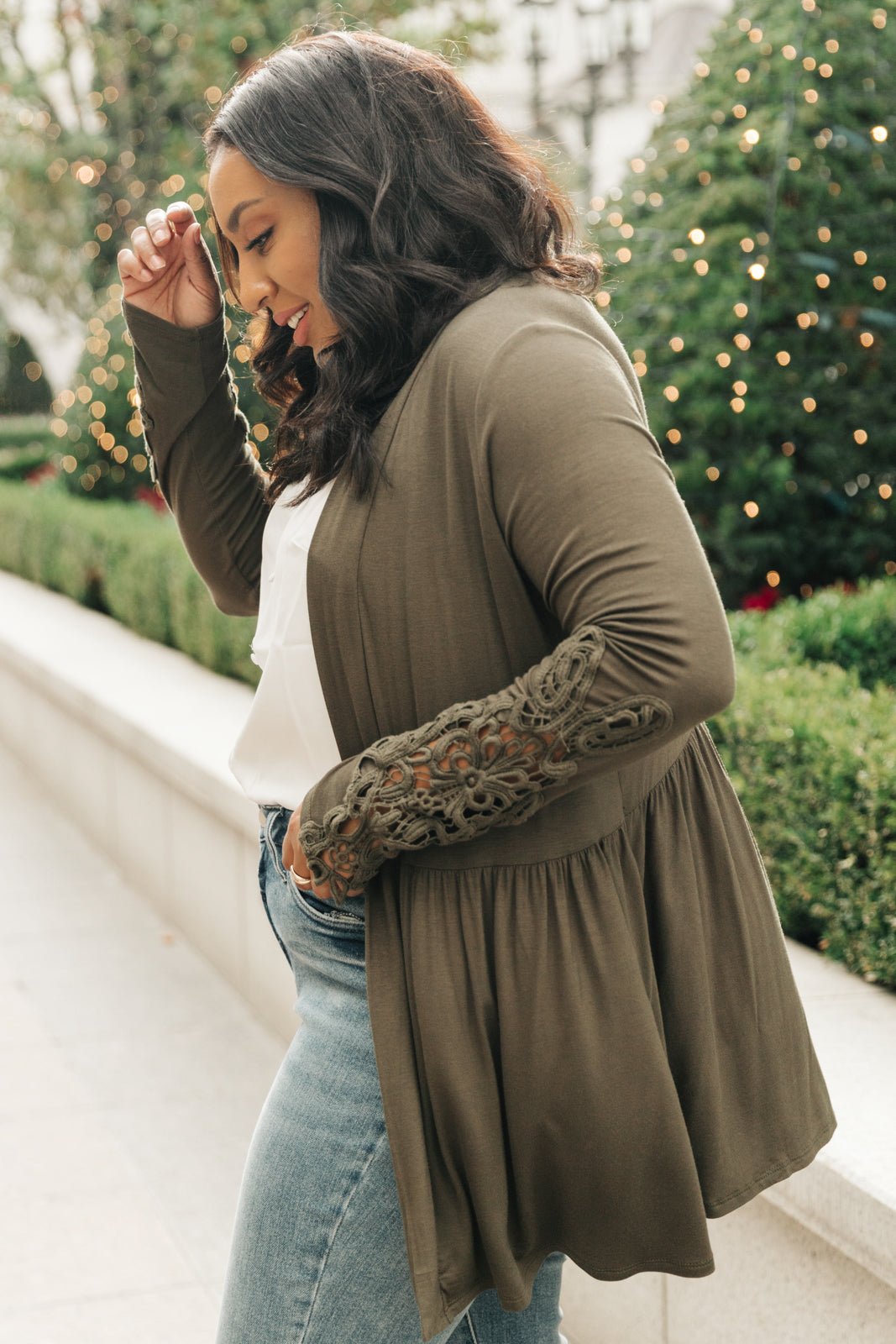 Little Bit Of Lace Cardigan In Olive - Driftwood Boutique