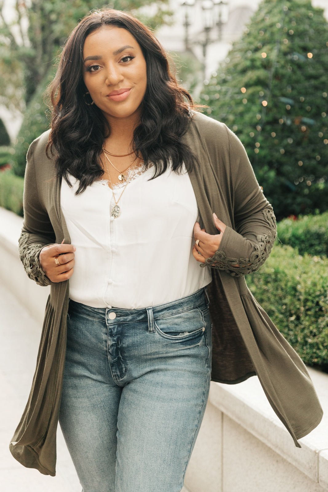 Little Bit Of Lace Cardigan In Olive - Driftwood Boutique