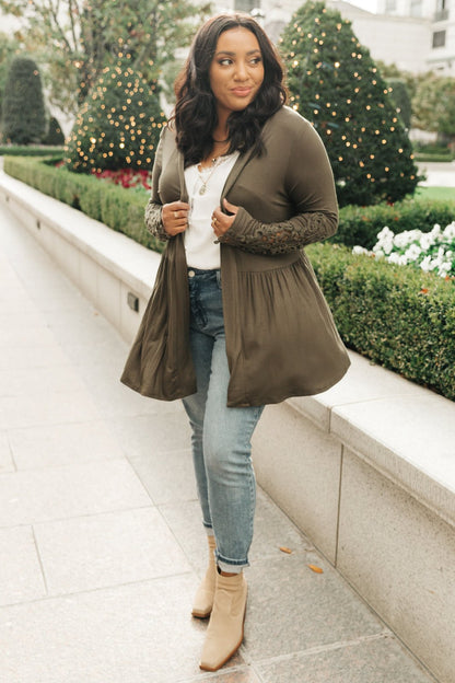 Little Bit Of Lace Cardigan In Olive - Driftwood Boutique