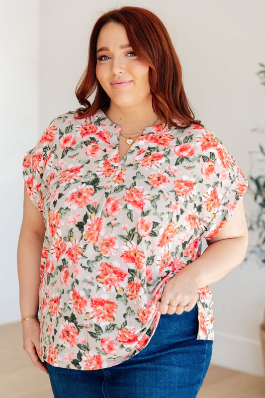 Lizzy Cap Sleeve Top in Coral and Beige Floral - Driftwood Boutique