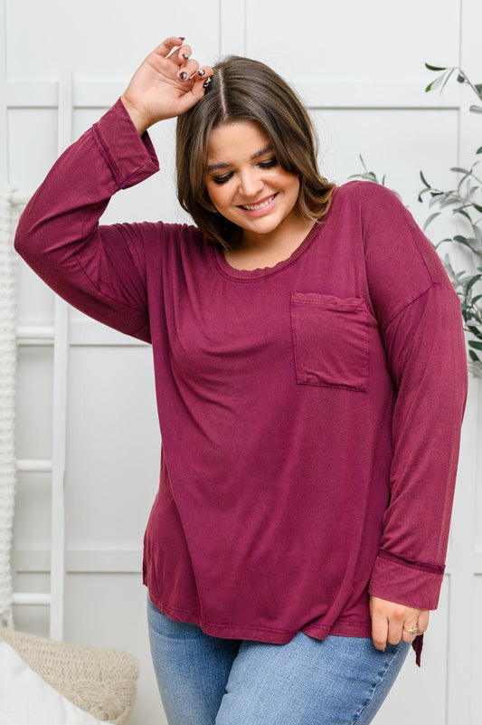 Long Sleeve Knit Top With Pocket In Burgundy - Driftwood Boutique