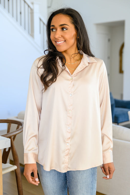 Loved For Years Satin Button Up In Beige - Driftwood Boutique
