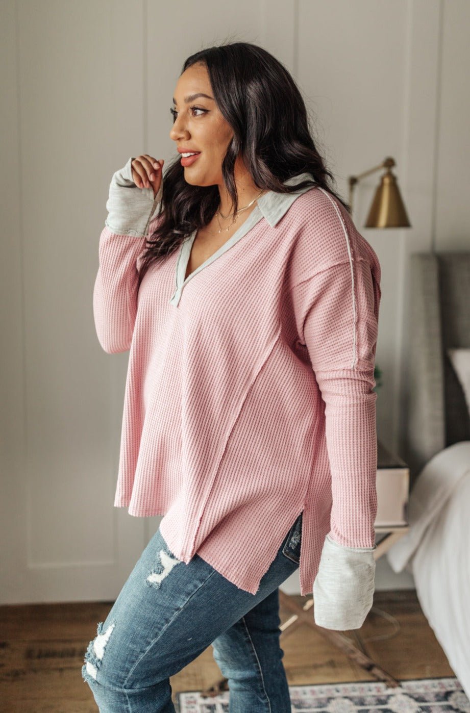 Mia Waffle Knit Long Sleeve In Pink - Driftwood Boutique