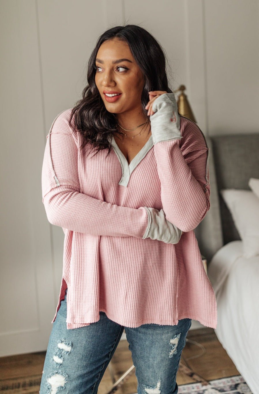 Mia Waffle Knit Long Sleeve In Pink - Driftwood Boutique