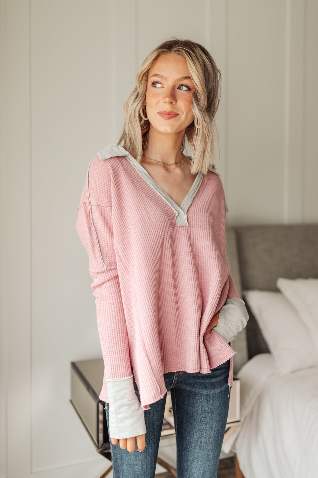 Mia Waffle Knit Long Sleeve In Pink - Driftwood Boutique