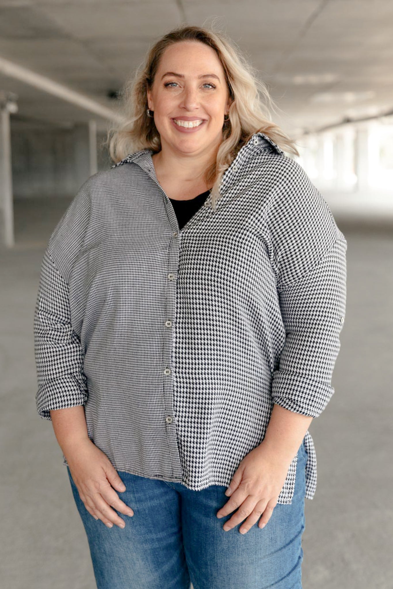 Mixed Houndstooth Button Up Top - Driftwood Boutique