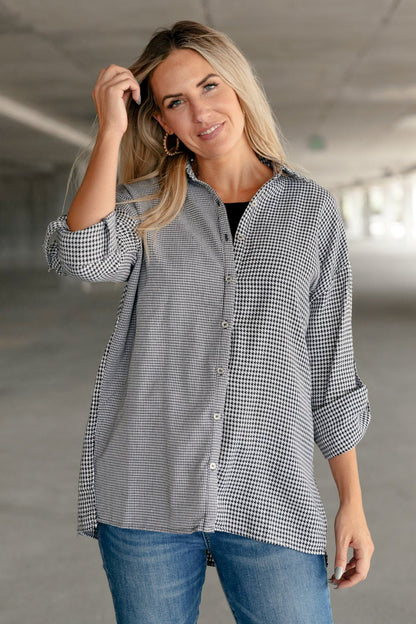 Mixed Houndstooth Button Up Top - Driftwood Boutique