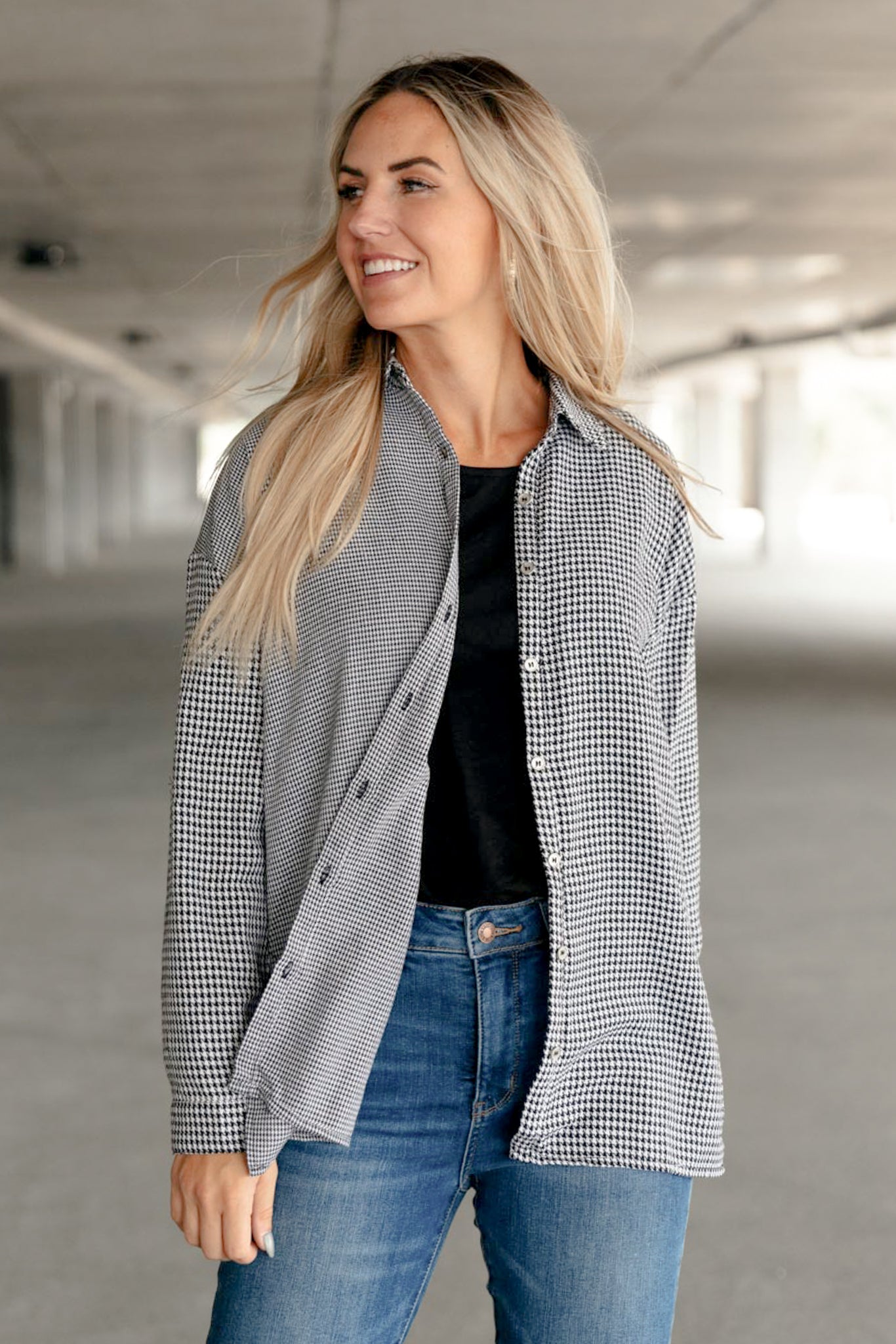 Mixed Houndstooth Button Up Top - Driftwood Boutique