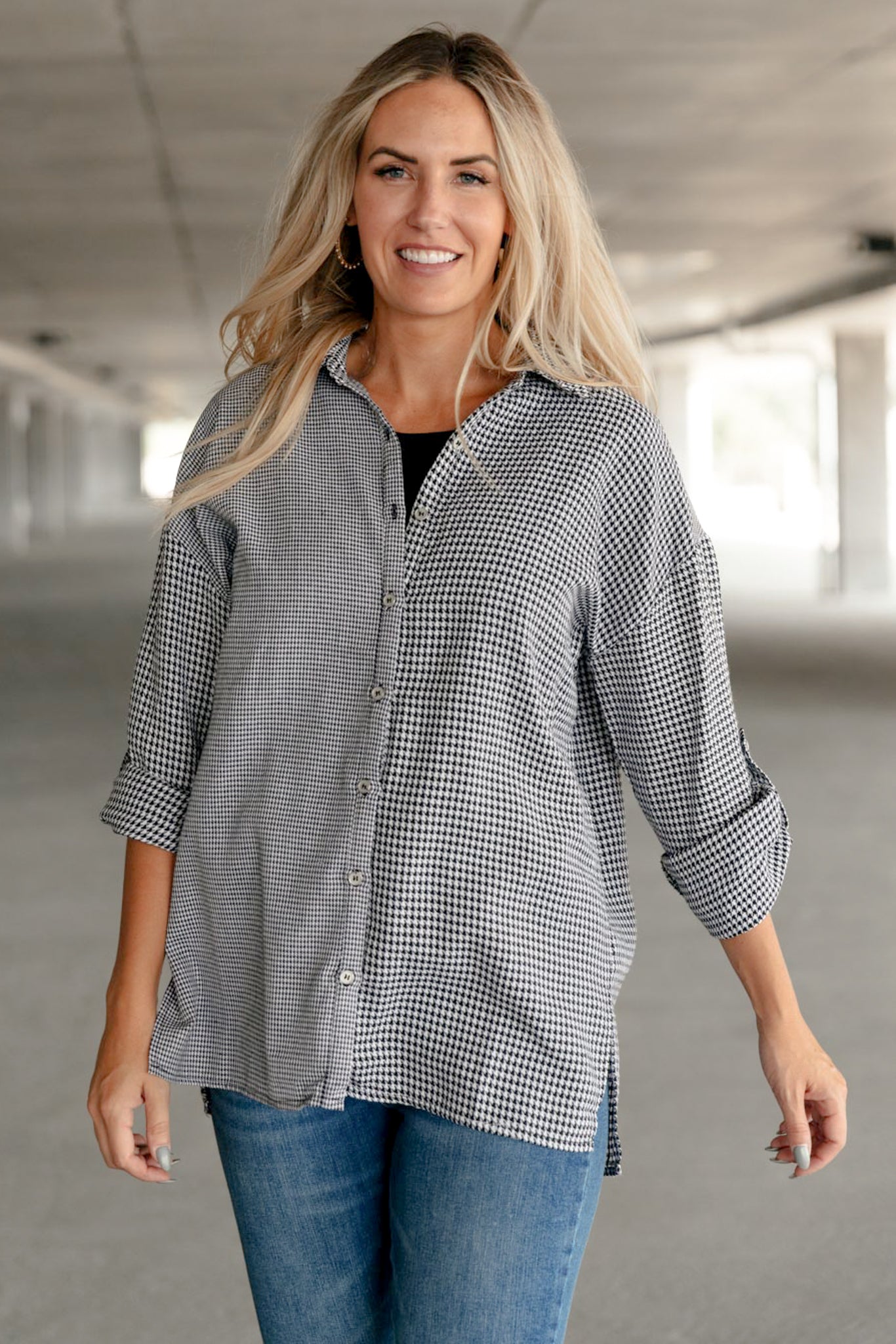 Mixed Houndstooth Button Up Top - Driftwood Boutique