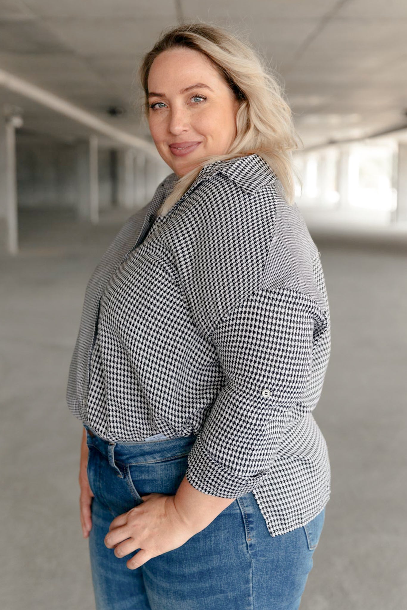 Mixed Houndstooth Button Up Top - Driftwood Boutique