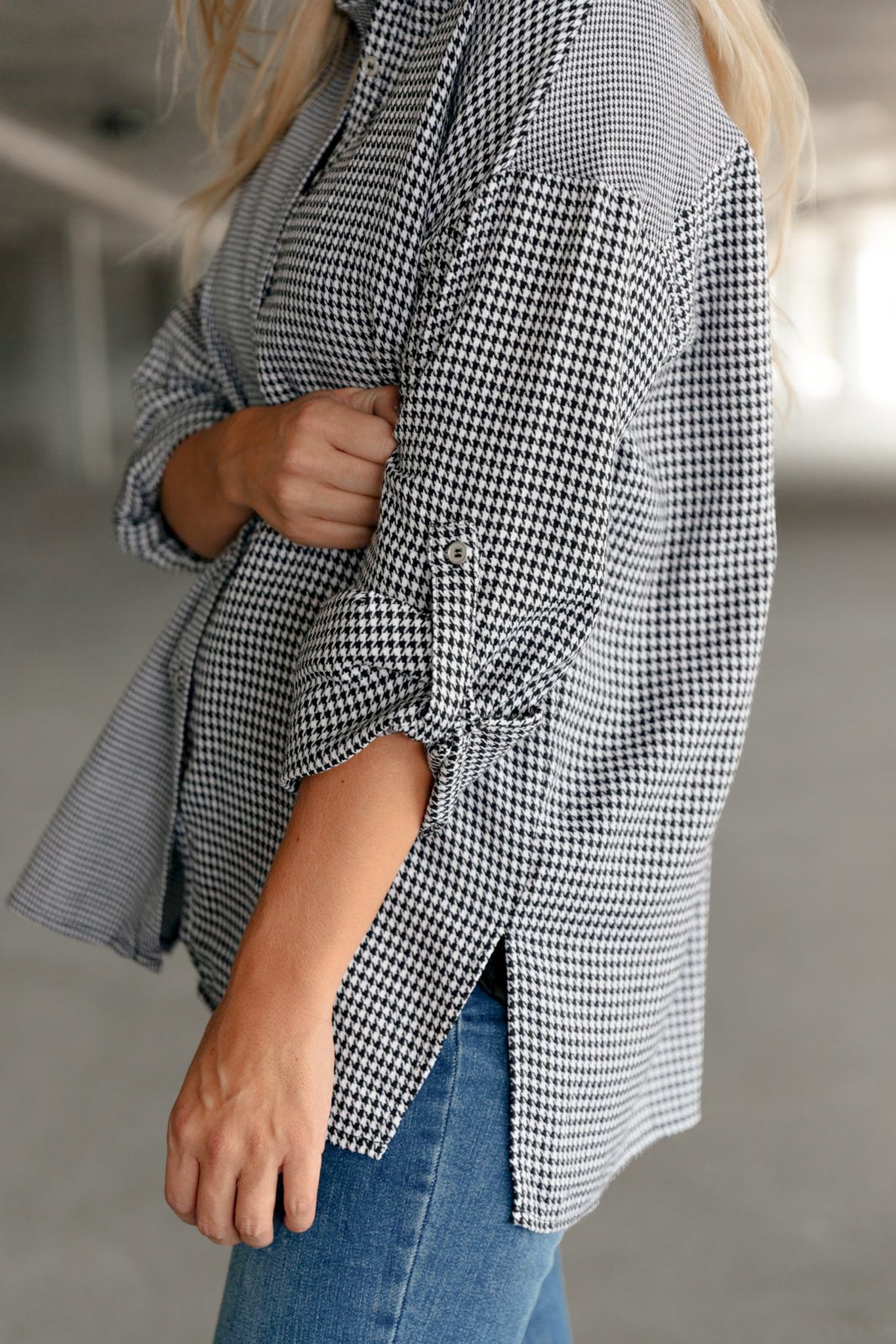 Mixed Houndstooth Button Up Top - Driftwood Boutique