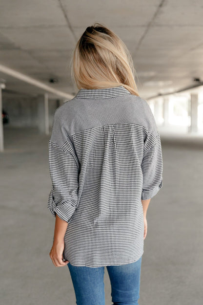 Mixed Houndstooth Button Up Top - Driftwood Boutique