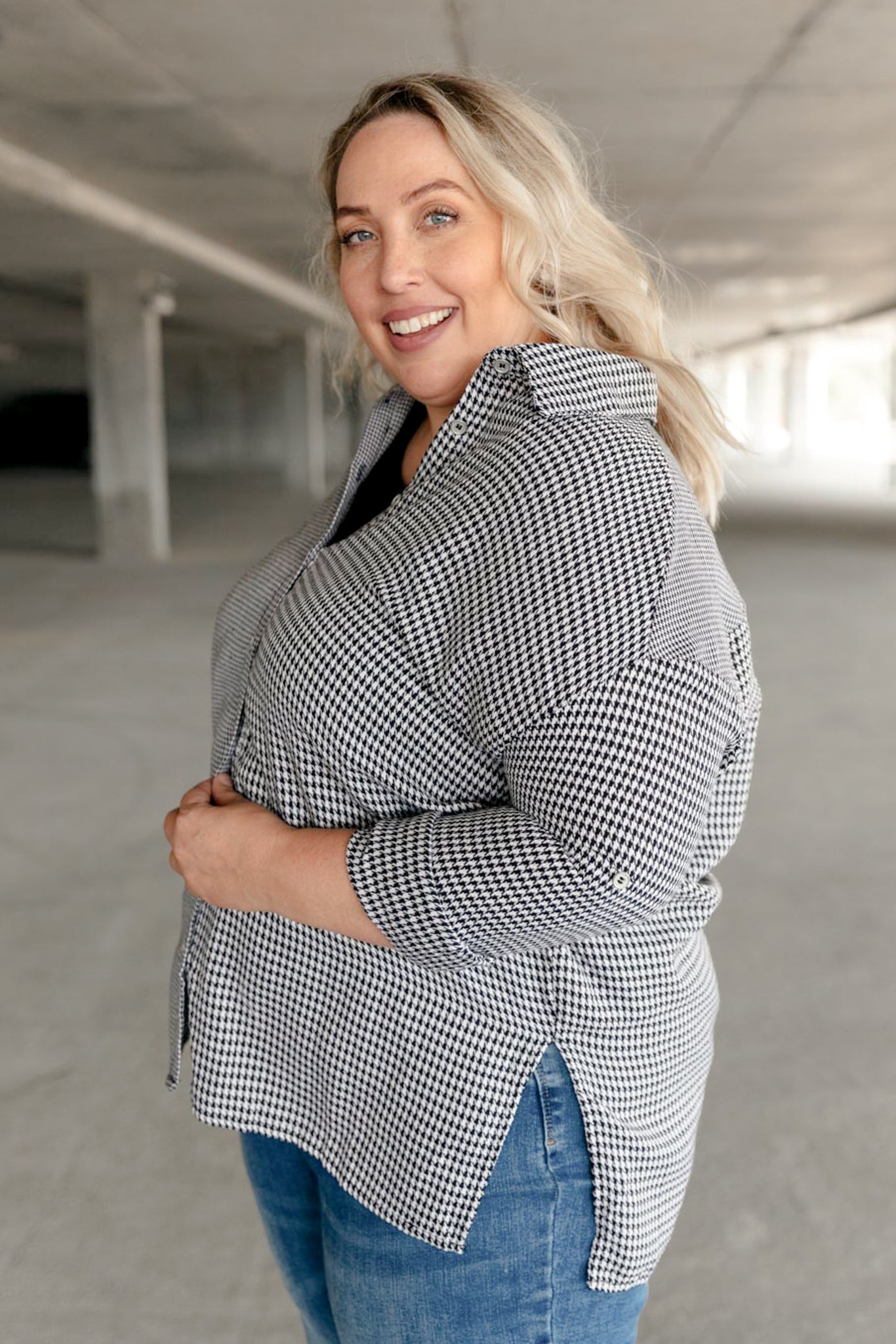 Mixed Houndstooth Button Up Top - Driftwood Boutique