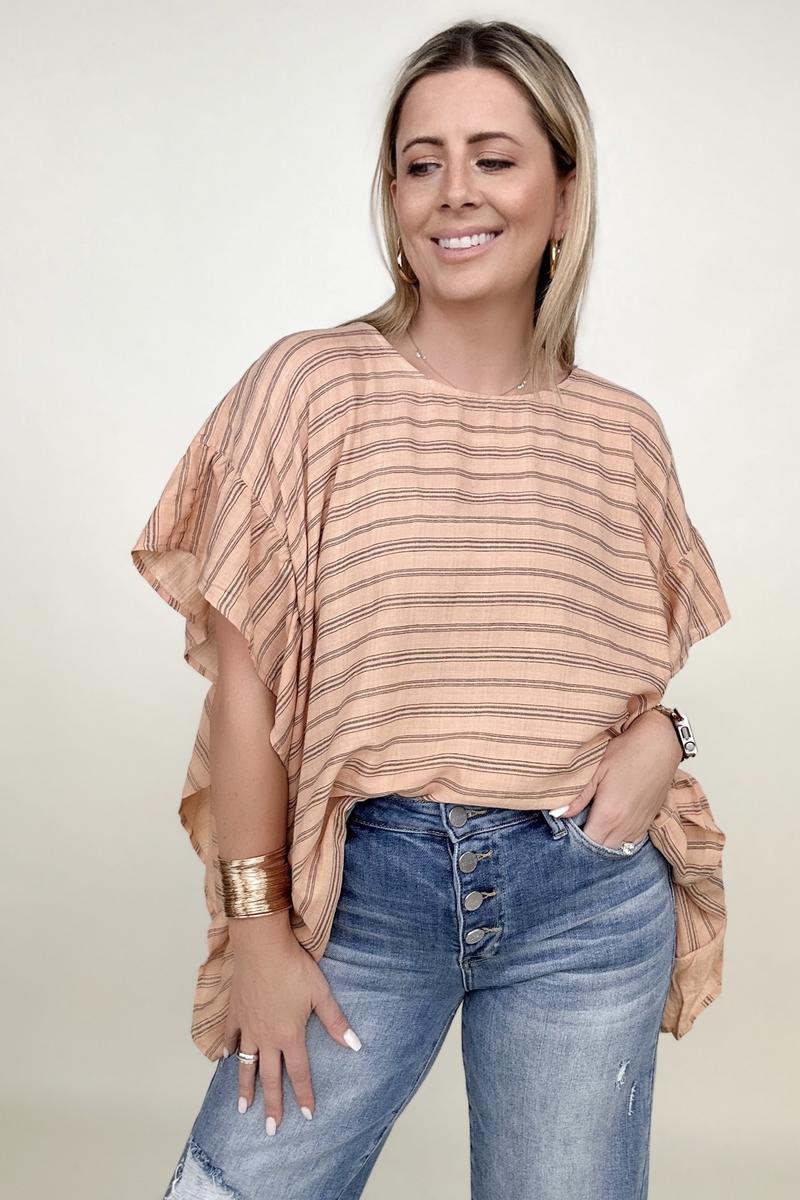 Cotton Bleu Stripped Ruffle Sleeve Kimono Top