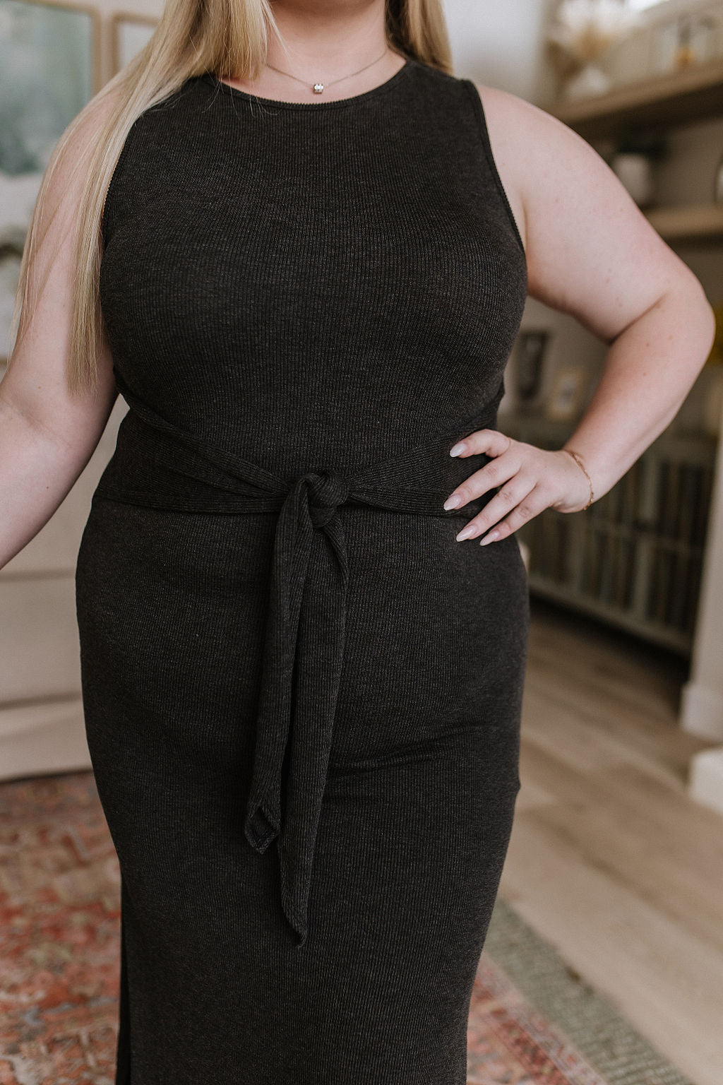 Out on the Town Tie Detail Midi Dress in Charcoal - Driftwood Boutique