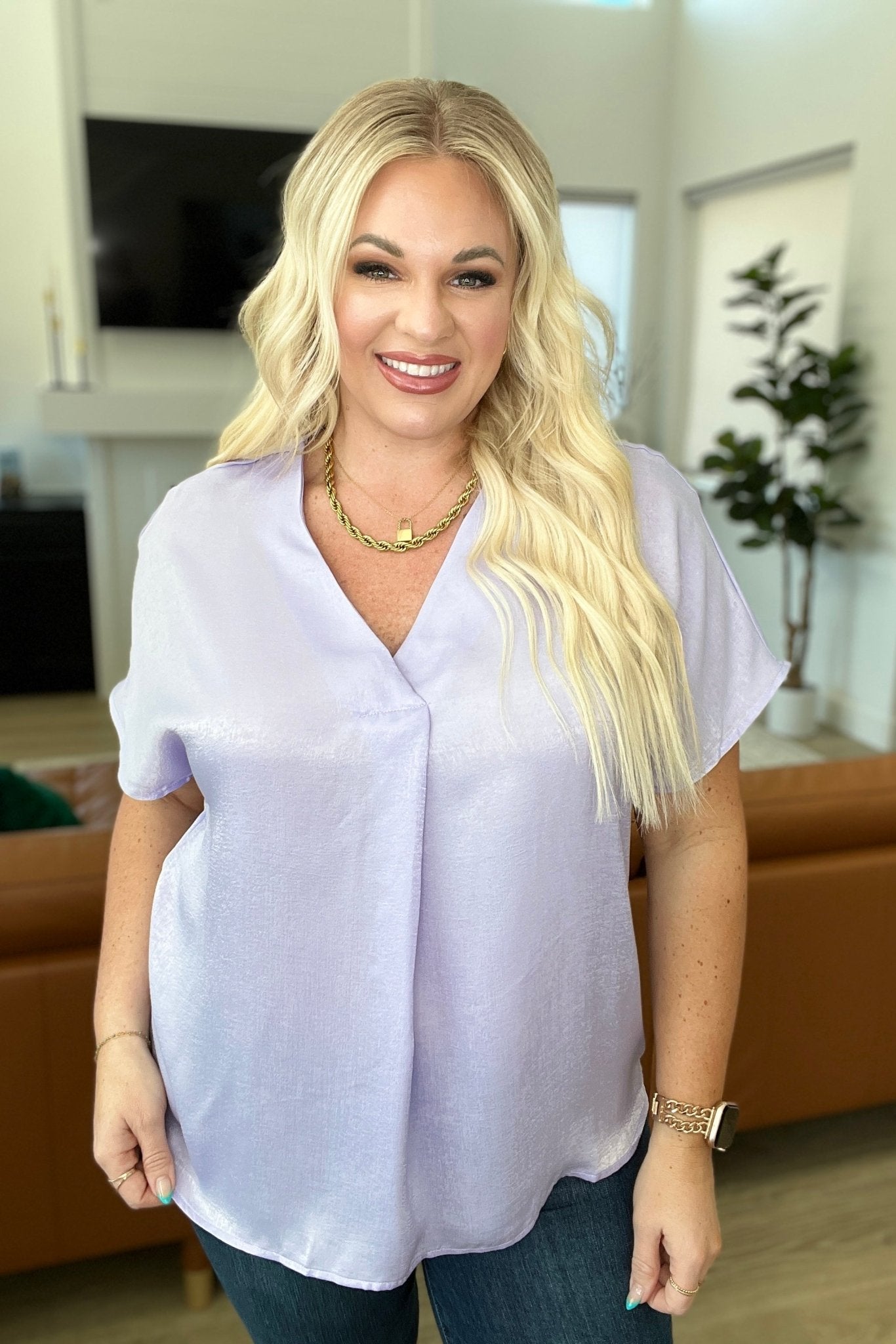 Pleat Front V - Neck Top in Lavender - Driftwood Boutique