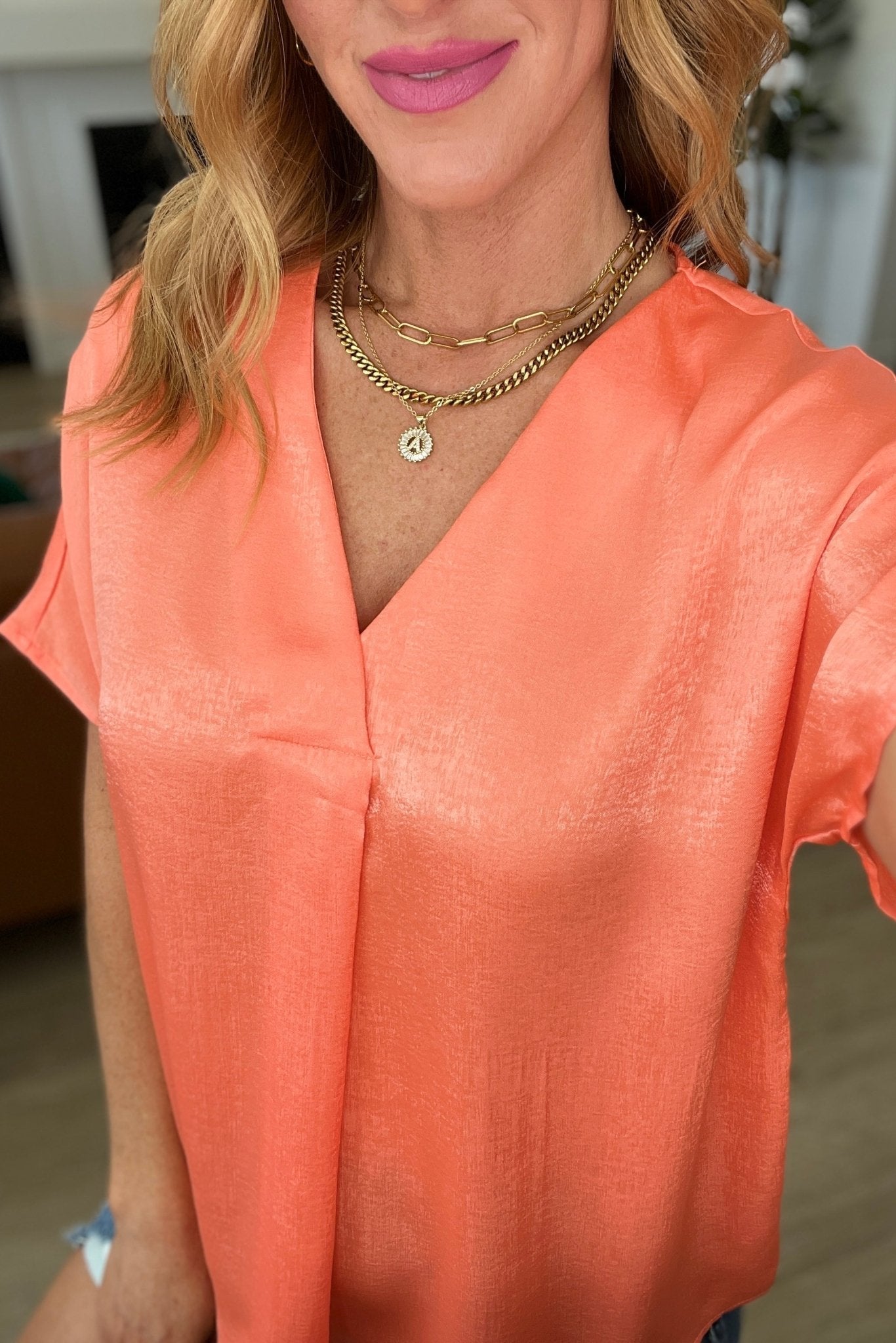 Pleat Front V - Neck Top in Persimmon - Driftwood Boutique