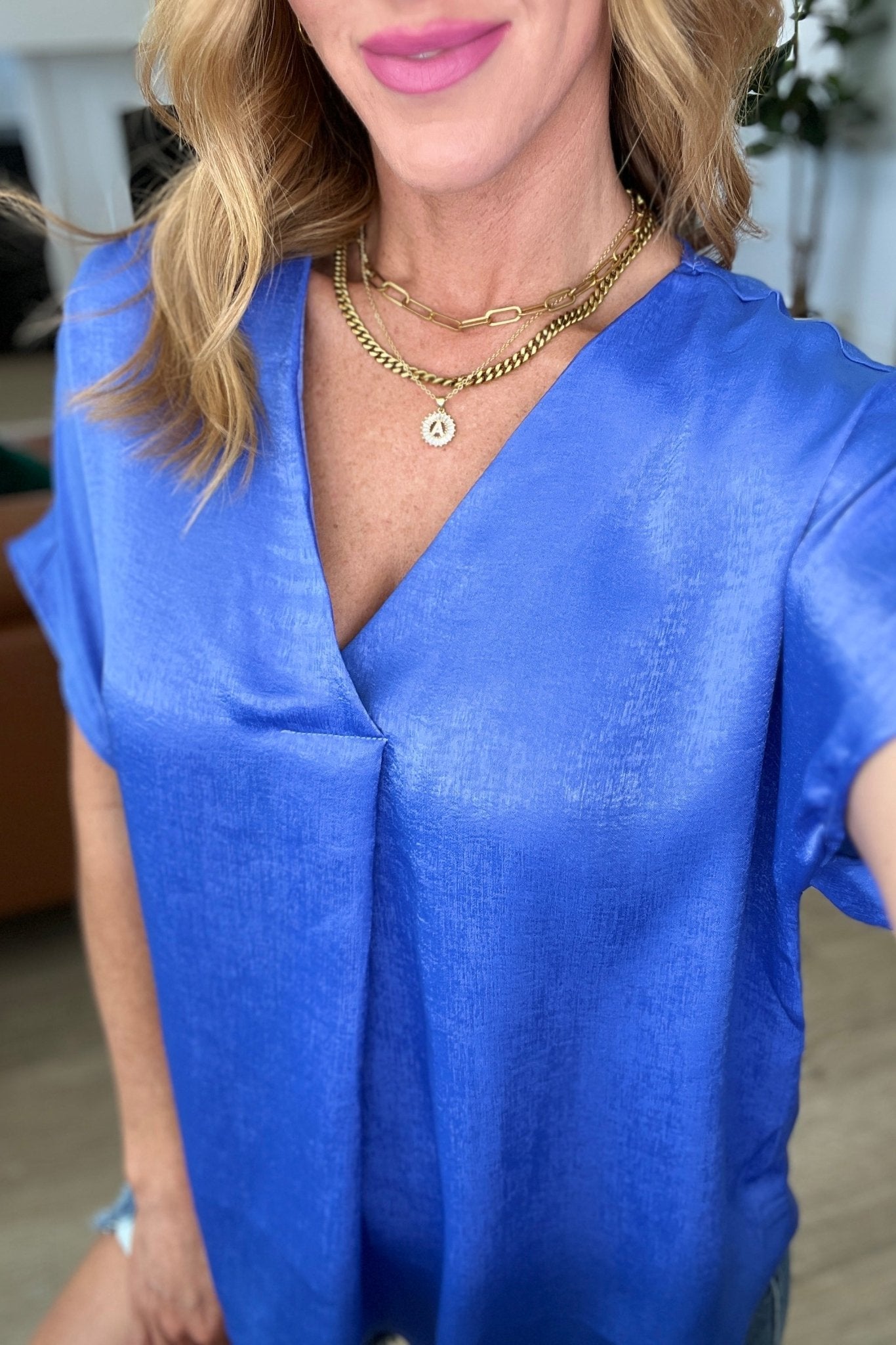 Pleat Front V - Neck Top in Royal Blue - Driftwood Boutique
